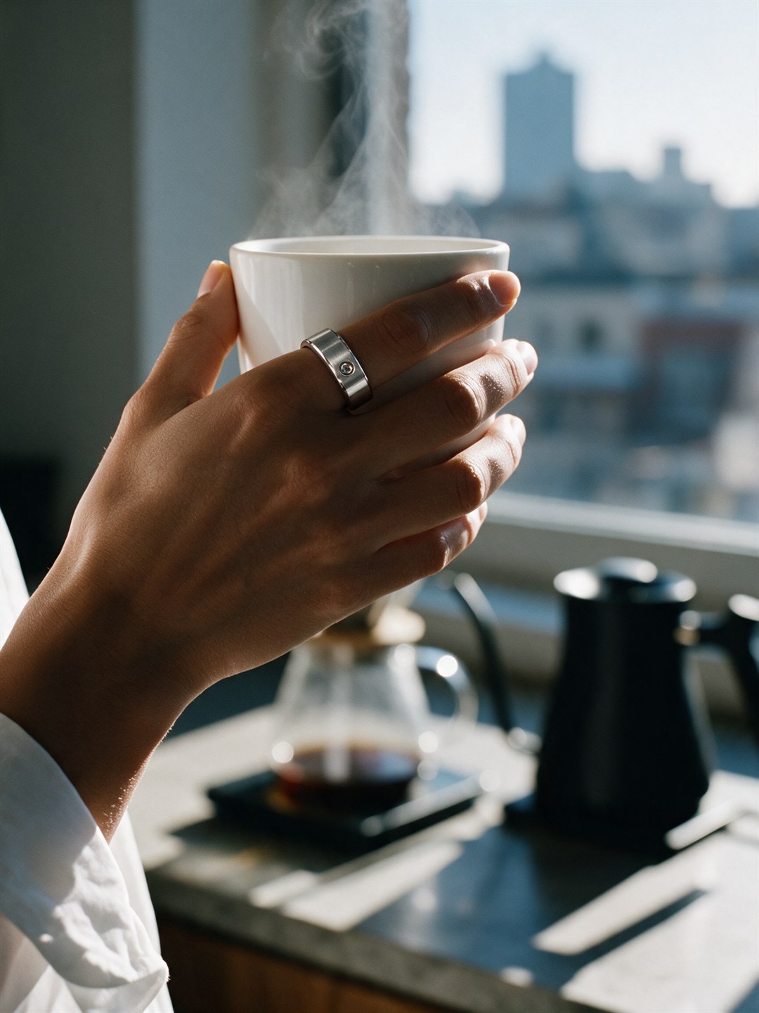 Generated image: a woman's right hand holding a cup of coffee by a sunlit kitchen window, the ring on her index finger beside the thumb