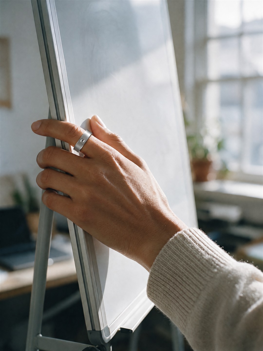 Generated image: close on a woman's left hand resting on the frame of a wiped-clean whiteboard in her studio, the ring on her index finger beside the thumb, morning window light
