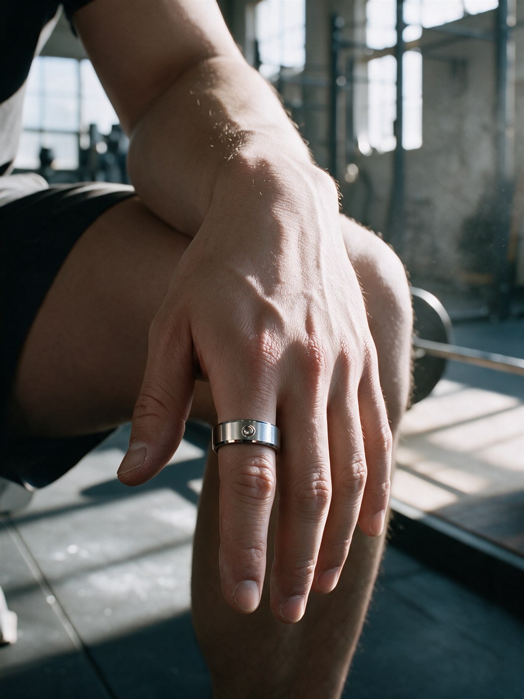Generated image: a man seated in a warehouse gym before the lift, his left forearm on his knee and his hand hanging relaxed, the ring on his index finger, a loaded barbell soft behind