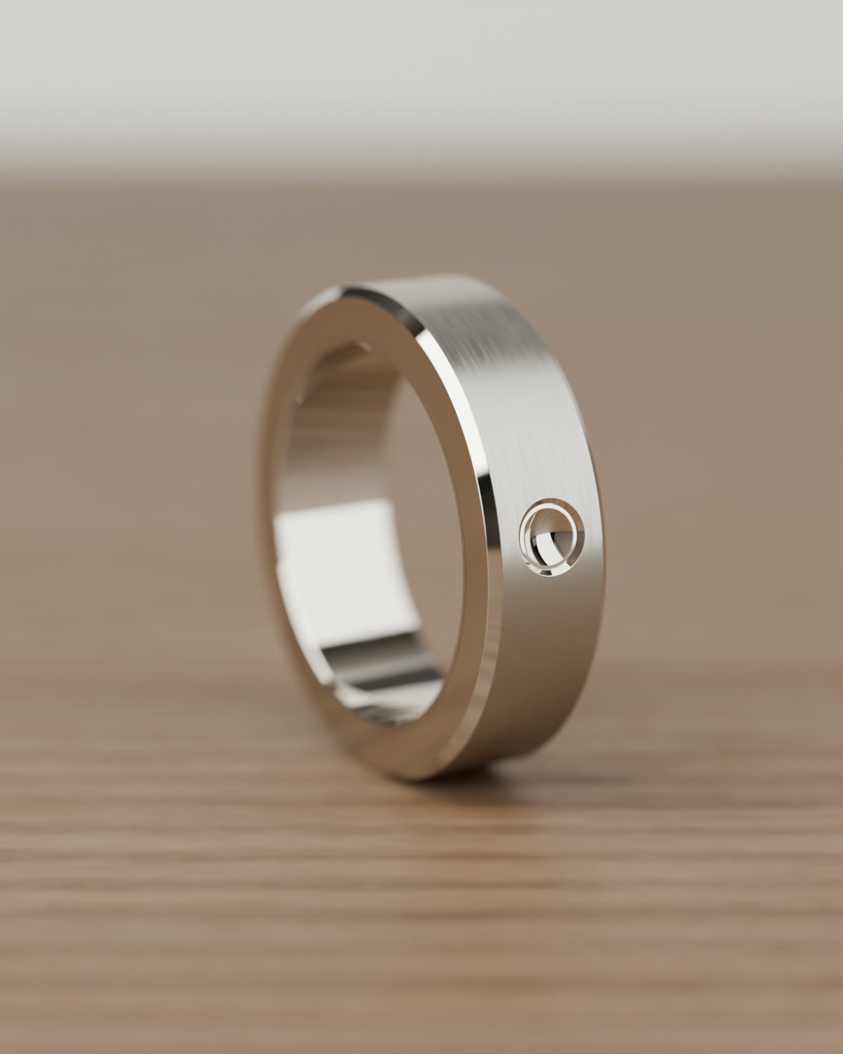 3D render of the ring standing on a walnut table in soft window light, the Return Point facing forward